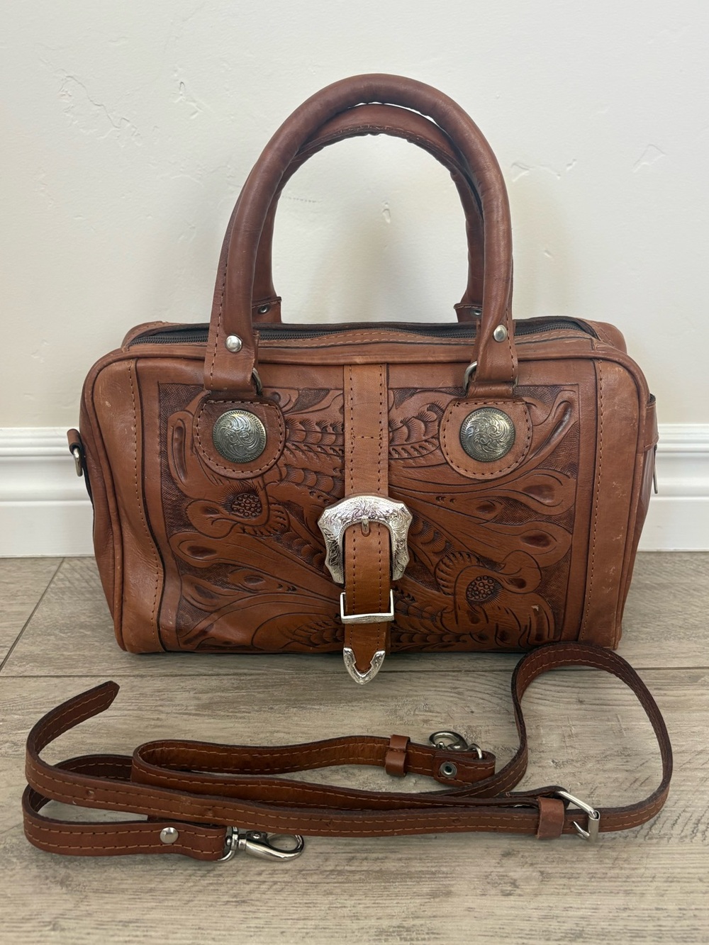 Force Ten Classic Handmade Tooled Leather Handbag w/ western buckle & Concho